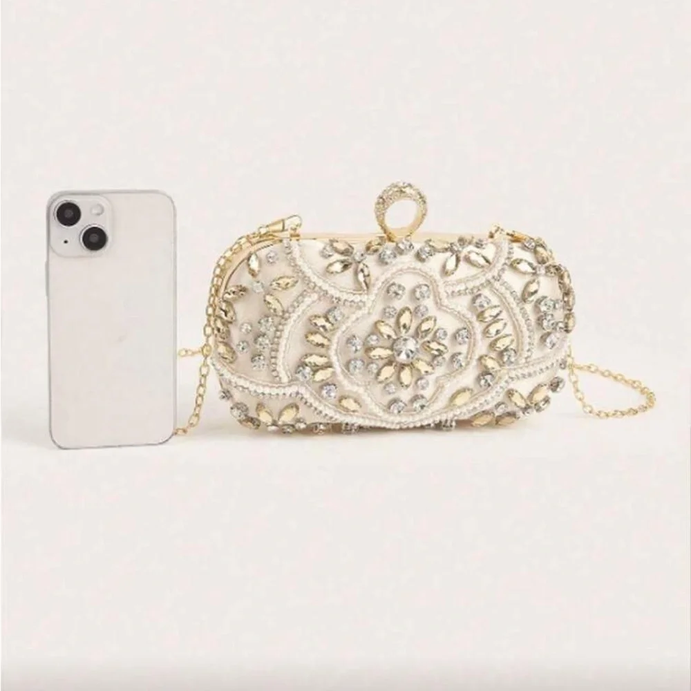 Elegant Cream and Gold Embellished Clutch